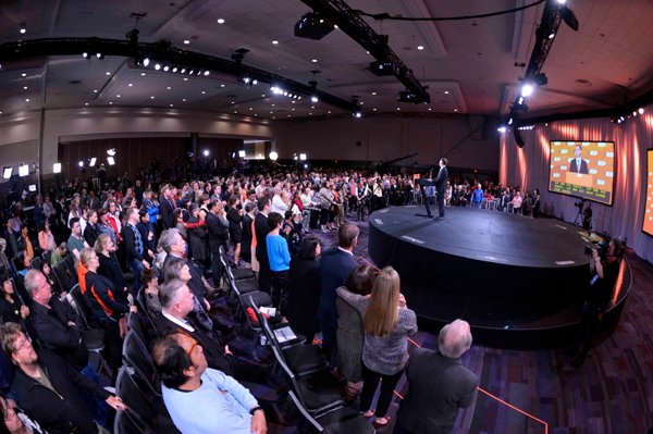 Fooled by prediction: NDP members hear from Adrian Dix on election night. Photo by Joshua Berson